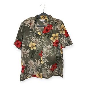 Jaclyn Smith Sport Vintage Green Hawaiian Floral Shirt Hibiscus Boho Resort L